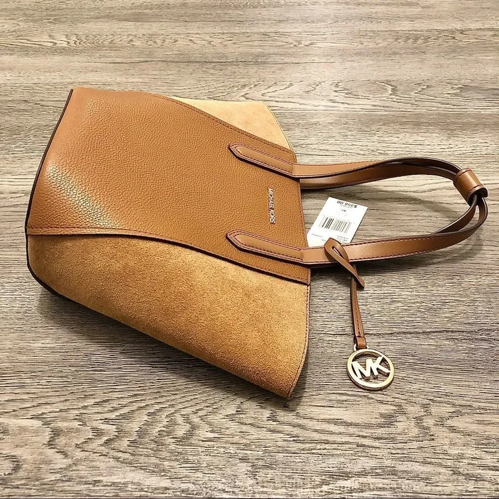 Michael Kors Portia Tote Bag Purse Leather Suede Luggage Brown $358 Brand New